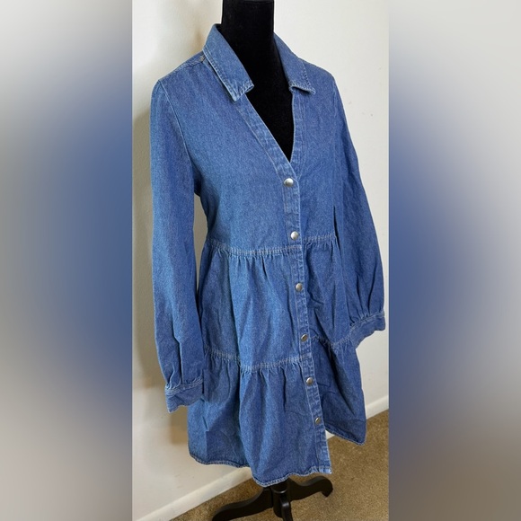 Zara denim long sleeve V neck collar tiered button front dress small EUC - Picture 4 of 8